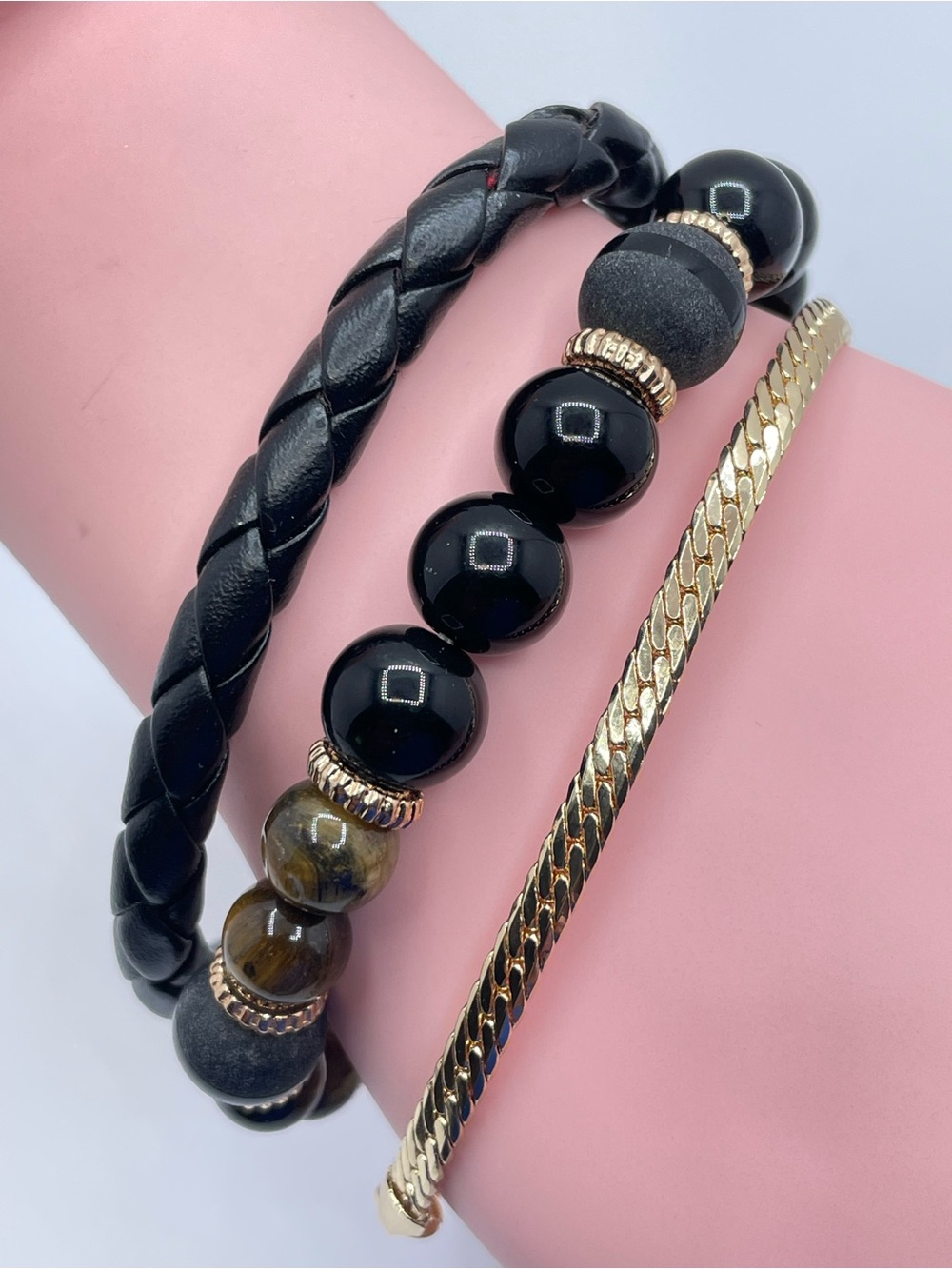 Gold Tone Black Beaded Layered Stack Bracelet Set Boho Luxe